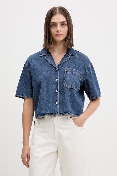 Tommy Jeans koszula damska jeansowa granatowa z efektem sprania DW0DW22216