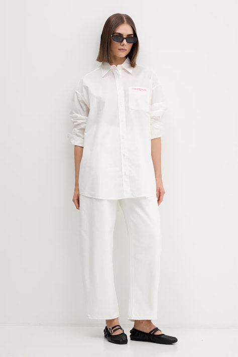 Tommy Jeans košeľová blúzka dámska bavlnená biela s pásikavým vzorom DW0DW22218