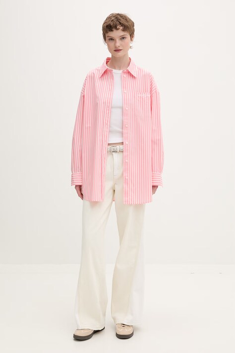 Tommy Jeans bluzka koszulowa damska bawełniana różowa w paski DW0DW22218