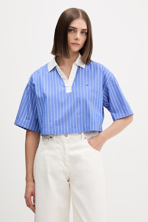 Tommy Jeans bluzka damska bawełniana niebieska w paski DW0DW22596