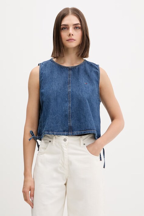 Tommy Jeans bluzka na ramiączkach damska jeansowa niebieska z efektem sprania DW0DW22609