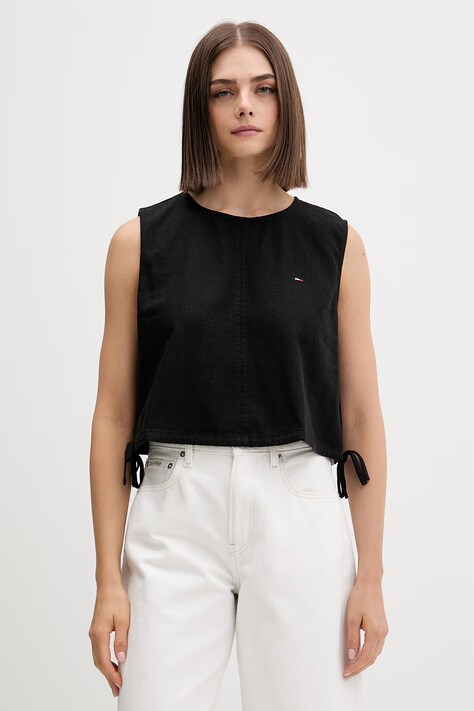 Tommy Jeans bluzka damska z lnem czarna gładka DW0DW22779