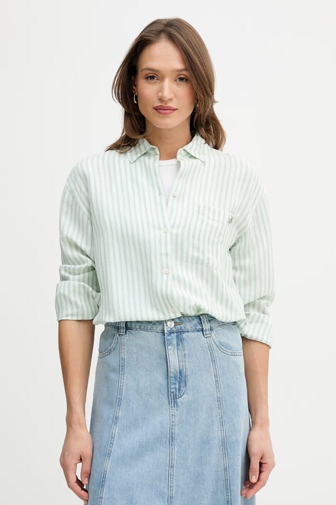 U.S. Polo Assn. koszula z dodatkiem lnu LOOSE FIT damska kolor zielony relaxed z kołnierzykiem klasycznym WUP2277