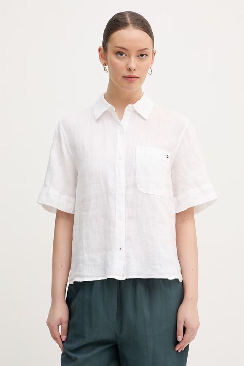 Tommy Hilfiger koszula damska lniana beżowa gładka WW0WW48925