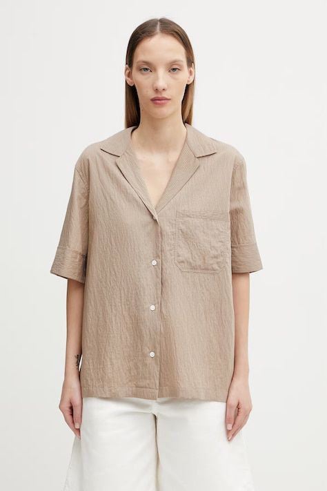 Maison Kitsuné koszula z modalem damska brązowa w prążki QW00411WC5084