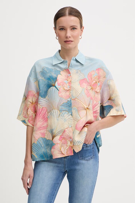Gaudi koszula damska z lnem niebieska w kwiaty 611FD45052