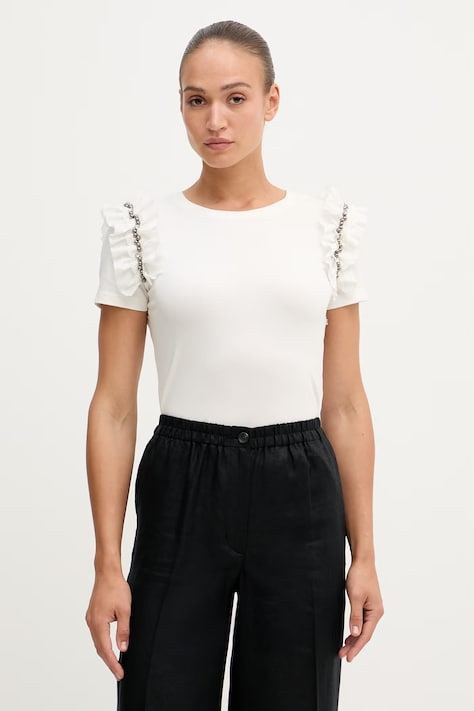 Gaudi T-shirt damski bawełniany z elastanem beżowy 611FD64006