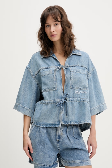 Traper košulja Karl Lagerfeld Jeans za žene, boja: plava, relaxed, s izrezom na vezanje, B2W11025