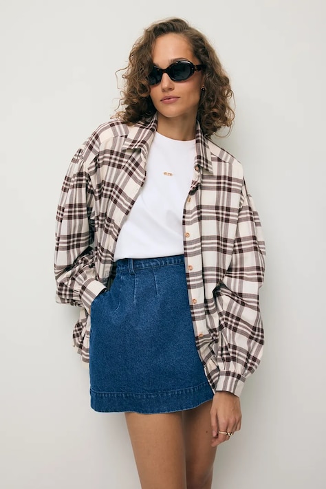 BIZUU koszula damska bawełniana FALBI beżowa w kratkę FALBI BEŻOWY