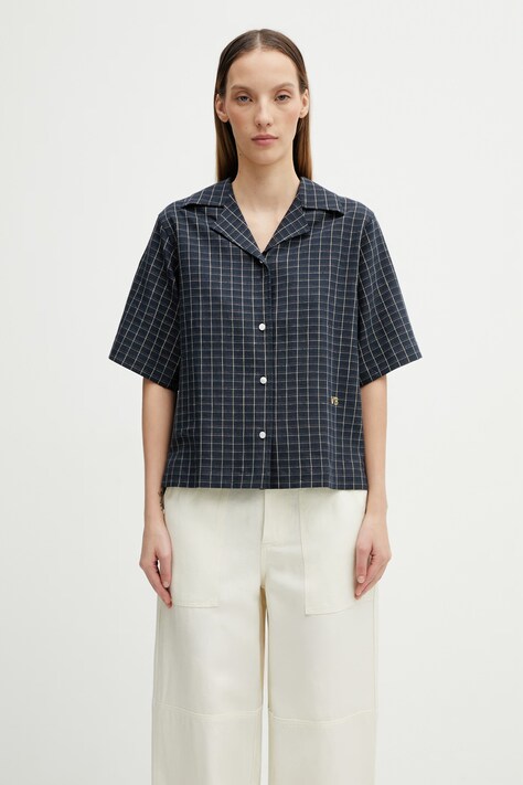 Wales Bonner London Bowling koszula z lnem damska granatowa w kratkę WS26SH11.LI01.501