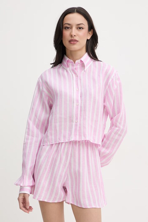 Paramidonna koszula damska lniana Ida różowa w paski SS26ISPW-1