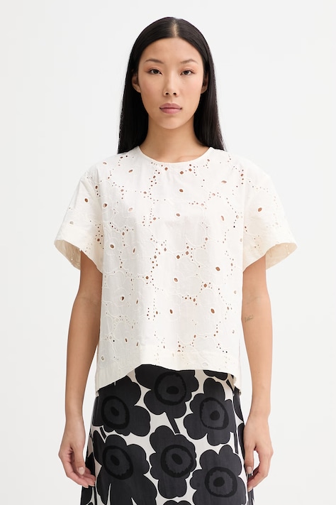 Marimekko bluza ženska bombažna bežova cvetlična 095644