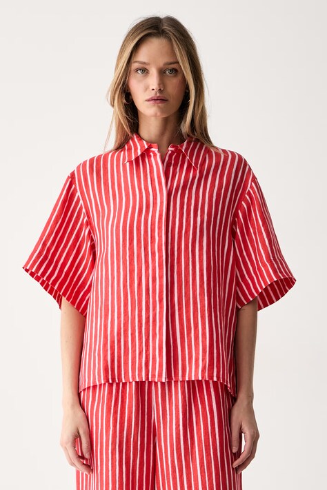Marimekko koszula damska lniana czerwona w paski 095638