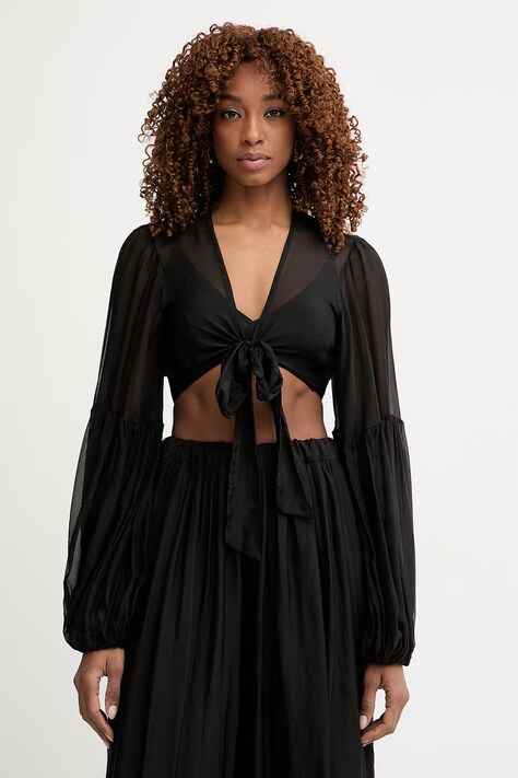 Haveone bluzka damska z dodatkiem jedwabiu czarna gładka CCH-Q003