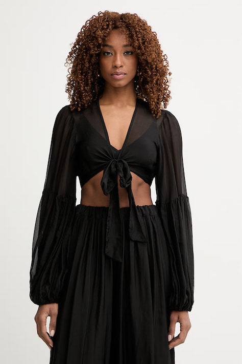 Haveone bluzka damska z dodatkiem jedwabiu czarna gładka CCH-Q003