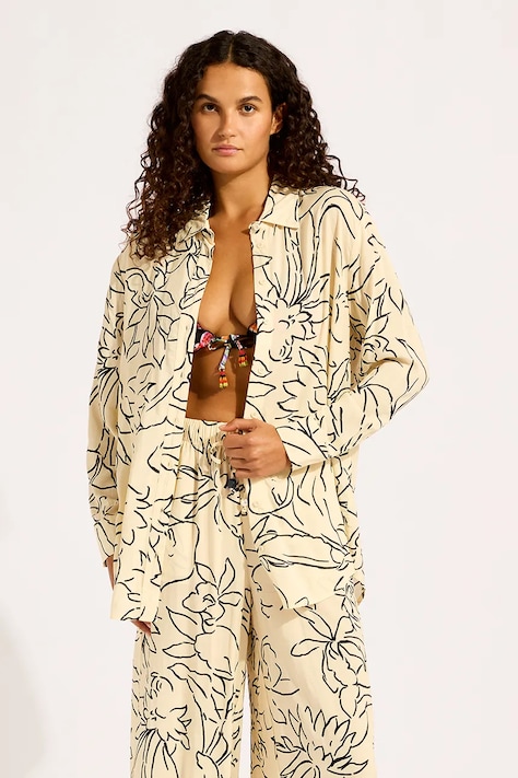 Seafolly cămașă de femei din vâscoză Long Sleeve Shirt bejă cu imprimeu 55648-TO