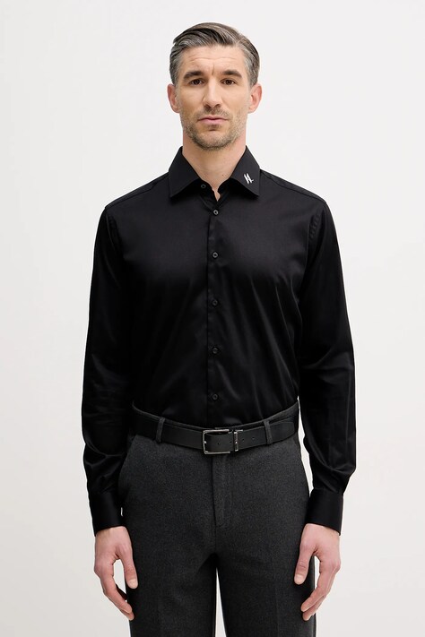 Karl Lagerfeld koszula męska kolor czarny regular z kołnierzykiem włoskim 561602.605041