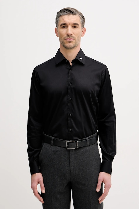 Karl Lagerfeld koszula męska kolor czarny regular z kołnierzykiem włoskim 561602.605041