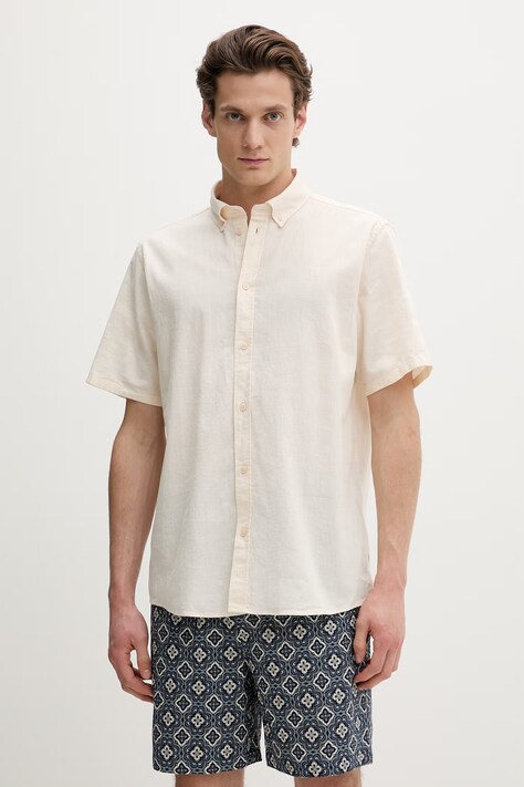 Les Deux koszula męska z lnem Konrad beżowa gładka 1001381.