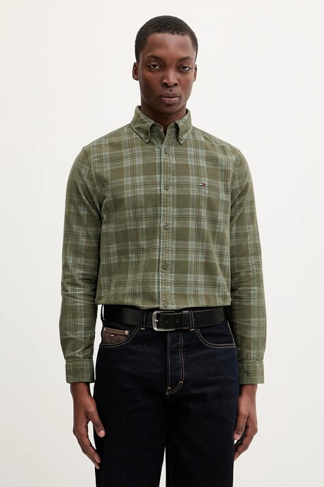 Tommy Jeans koszula sztruksowa męska kolor zielony regular z kołnierzykiem button-down DM0DM22408