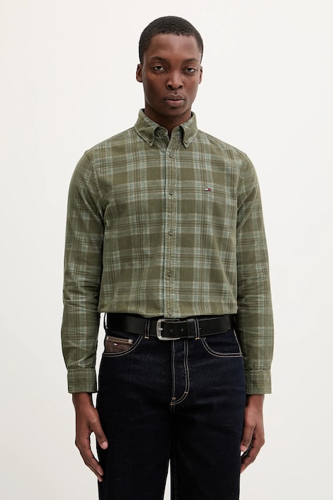 Вельветова сорочка Tommy Jeans колір зелений regular комір button-down DM0DM22408