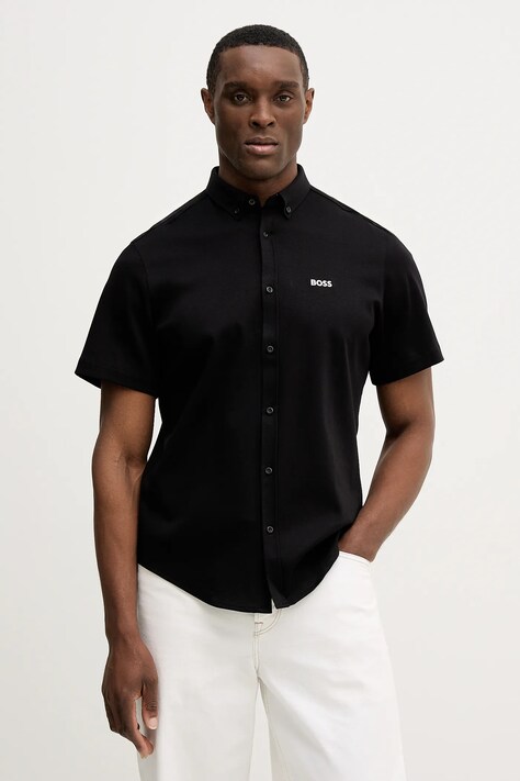Памучна риза BOSS Green ST_Motion S в черно със стандартна кройка с яка с копче 50555951