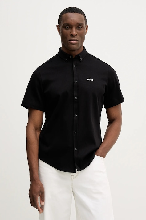 Памучна риза BOSS Green ST_Motion S в черно със стандартна кройка с яка с копче 50555951