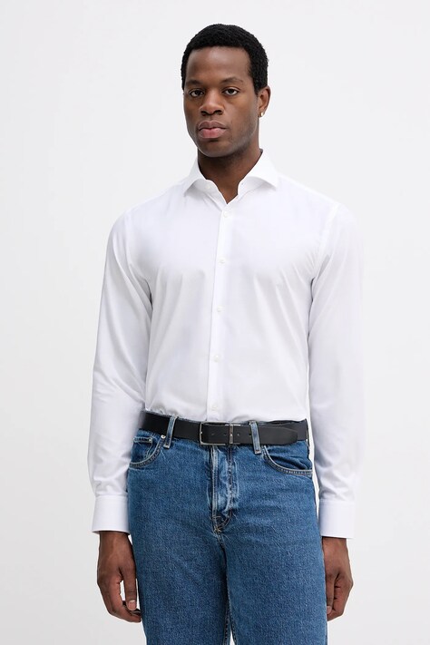 BOSS koszula bawełniana męska kolor biały slim z kołnierzykiem włoskim 50555995