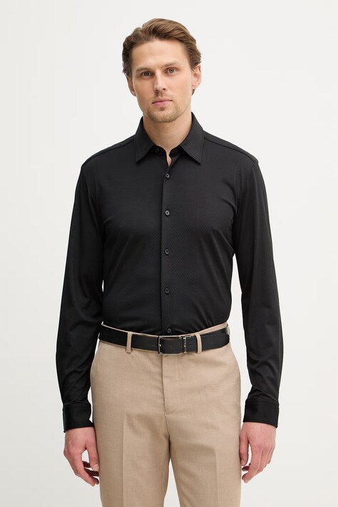 Риза BOSS P-ROAN-K-F-261 в черно с кройка по тялото с класическа яка 50556796