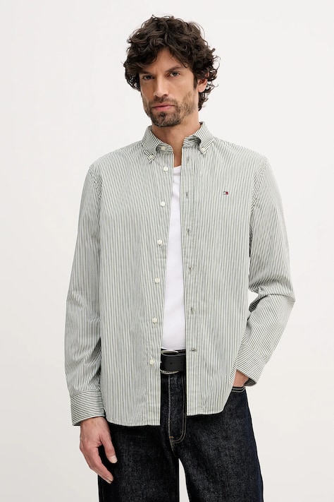 Tommy Hilfiger koszula bawełniana męska kolor zielony regular z kołnierzykiem button-down MW0MW41403