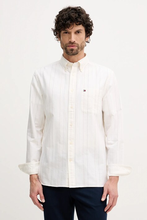 Tommy Hilfiger koszula bawełniana męska kolor beżowy regular z kołnierzykiem button-down MW0MW41694