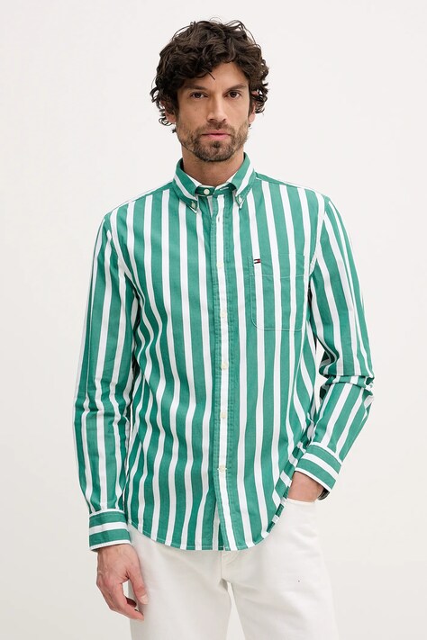 Tommy Hilfiger koszula bawełniana męska kolor zielony regular z kołnierzykiem button-down MW0MW41715