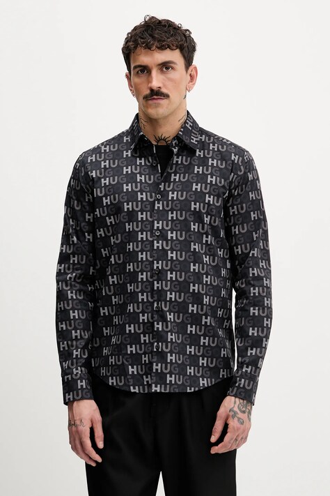 HUGO koszula bawełniana męska kolor czarny regular z kołnierzykiem klasycznym 50555775