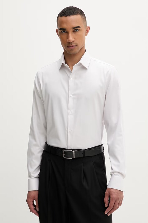 Calvin Klein koszula męska bawełniana z elastanem beżowa gładka LV019EU090