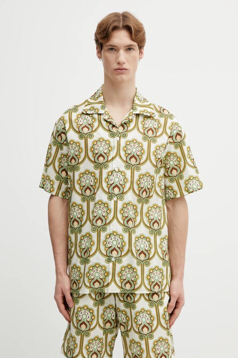 Drôle de Monsieur koszula z dodatkiem lnu Chemise Lin Tapisserie Florale męska kolor zielony regular J.SH228.LI012.GN