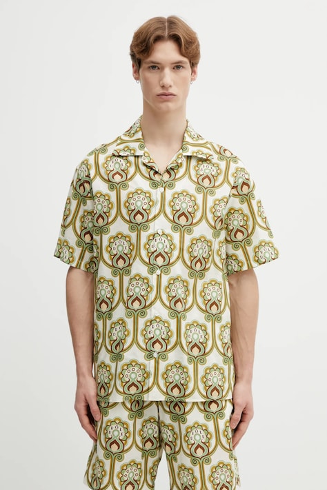 Srajca z dodatkom lanu Drôle de Monsieur Chemise Lin Tapisserie Florale zelena barva, J.SH228.LI012.GN