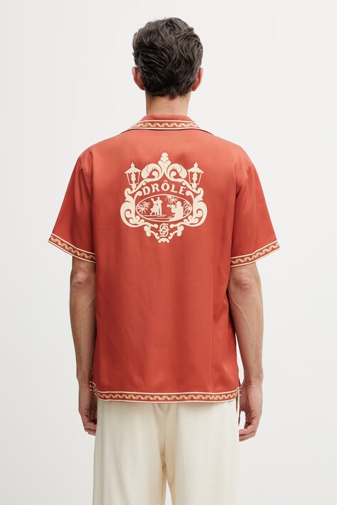Drôle de Monsieur koszula męska z lyocellu Chemise Brodée Danseurs pomarańczowa z nadrukiem K-SH228-CLY001-BR
