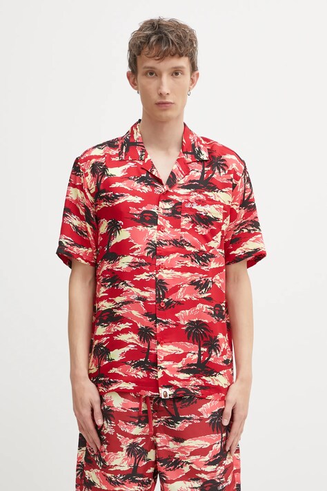 A Bathing Ape koszula Palm Tree Camo Open Collar męska kolor czerwony regular z kołnierzykiem klasycznym 1L30132306