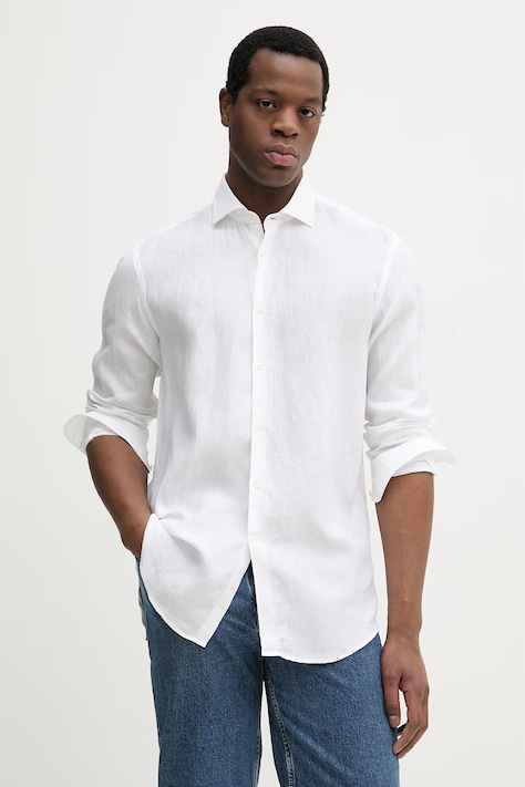 Paul&Shark koszula lniana męska kolor biały regular z kołnierzykiem włoskim 26413160CF