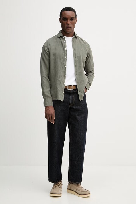 Hackett London koszula lniana męska kolor zielony regular HM3010636