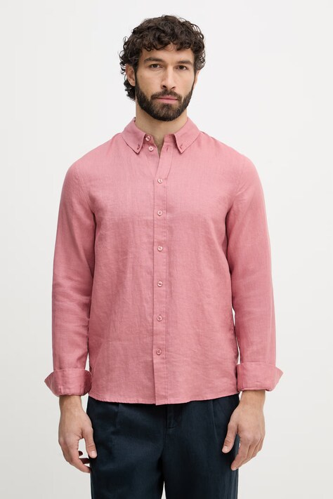 Mos Mosh koszula męska lniana Theo różowa gładka 500970