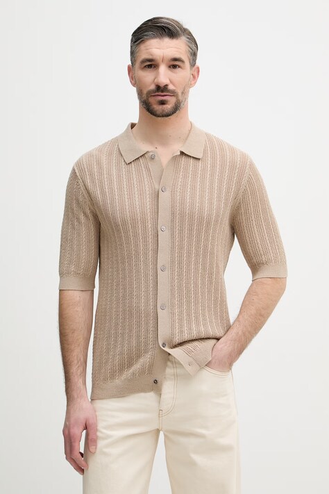 Mos Mosh koszula męska z bawełną Dario beżowa gładka 510130