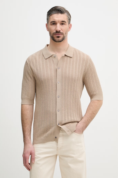 Mos Mosh koszula męska z bawełną Dario beżowa gładka 510130
