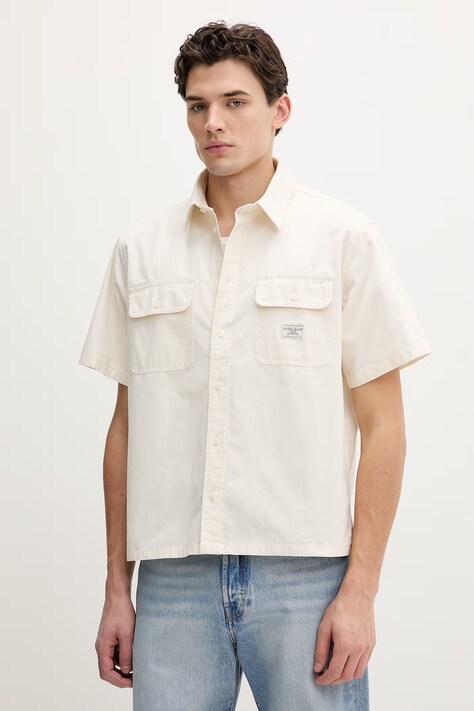 Guess Jeans koszula bawełniana męska kolor beżowy relaxed z kołnierzykiem klasycznym M6RH61 WJ921
