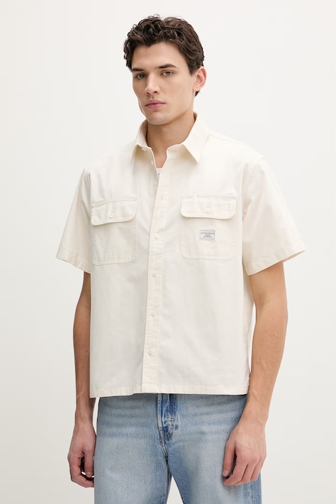 Guess Jeans koszula bawełniana męska kolor beżowy relaxed z kołnierzykiem klasycznym M6RH61 WJ921