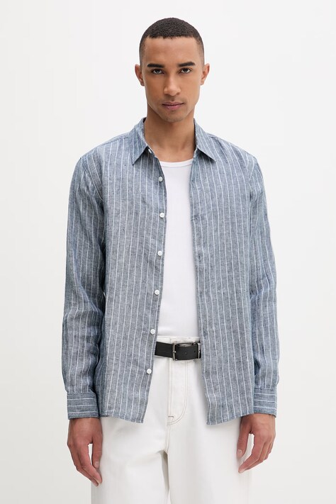 Calvin Klein koszula męska lniana granatowa w paski LV04LF117G