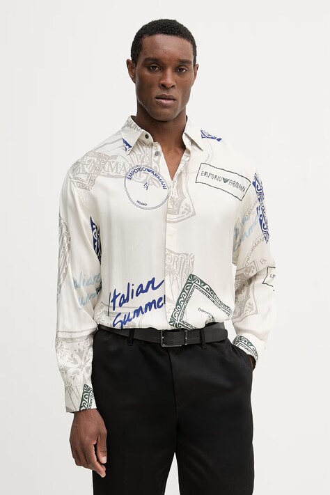 Emporio Armani koszula męska kolor beżowy relaxed z kołnierzykiem klasycznym EM005762 AF13285