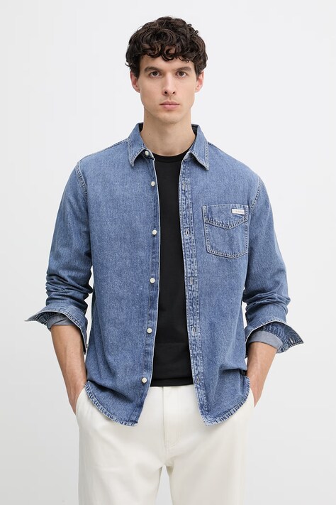 Calvin Klein Jeans koszula męska jeansowa niebieska z efektem sprania LV04RE708G