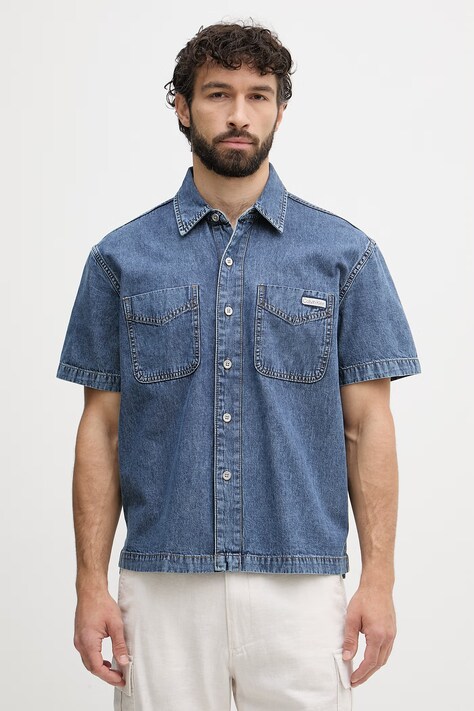 Calvin Klein Jeans πουκάμισο ανδρικό ντένιμ μπλε με εφέ ξεθωριάσματος LV04RF711G
