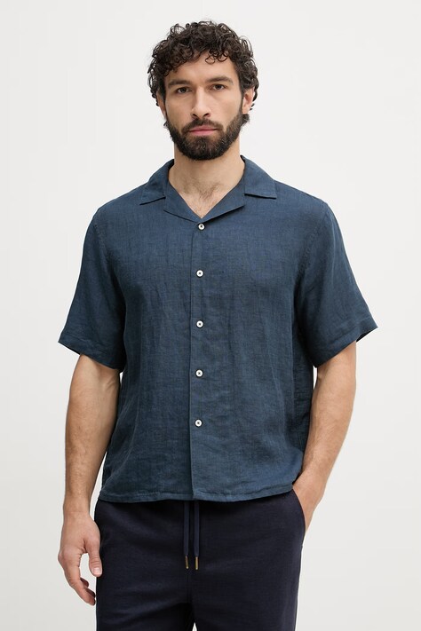United Colors of Benetton Πουκάμισο ανδρικό λινό σκούρο μπλε απλό 5BKUUQ06S